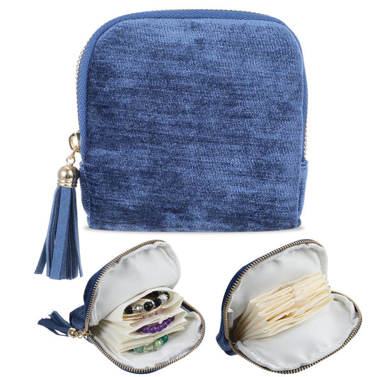 Fiyooau Small Jewelry Travel Case Soft Velvet Mini Travel Jewelry Bag with Tassel Zipper Portable Jewelry Organizer Storage Pouch for Earrings Crystal Necklaces Bracelets Rings