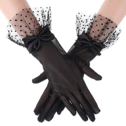 Black Lace Gloves Women Tea Party Gloves Elegant Bow Short Lace Goves Party Wedding Gloves Tulle Mesh Gloves Vintage Prom Evening Gloves for Women Girls Accessories Sun Protection Funeral
