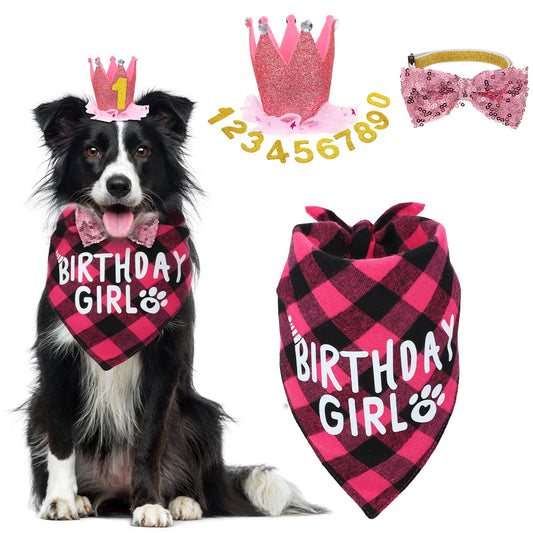 Dog Birthday Party Set, Pink Dog Bandana, Crown Hat with Numbers, Bowtie for Medium Large Dogs, Dogs Supplies for Celebrating Birthdays