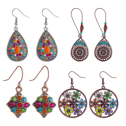 Yolev 4 Pairs Vintage Bohemian Earrings Set Retro Rhinestone Boho Earrings Boho Dangle Drop Earrings for Women Girls Jewelry Accessories Set