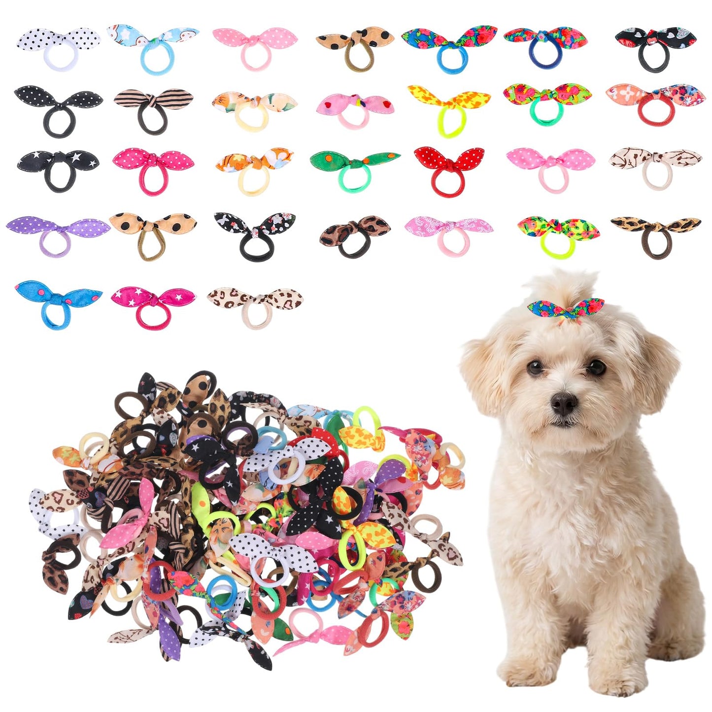 100Pcs Small Dog Hair Bows Ties with Rubber Bands for Small Breed Grooming