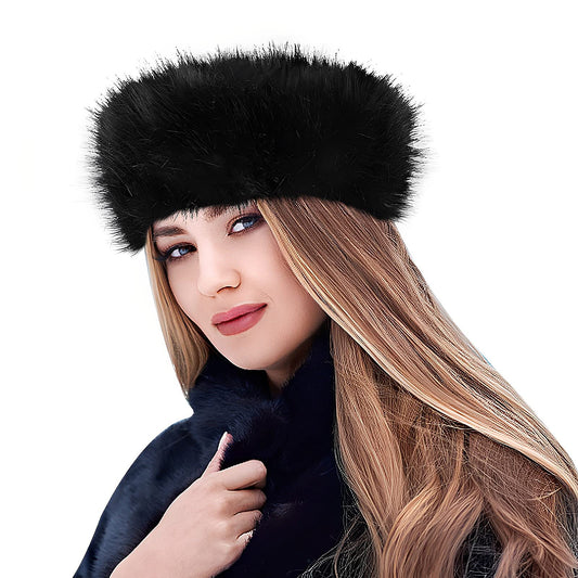 Lusofie Faux Fur Headband with Elastic Black Fuzzy Fur Hat Fluffy Headband for Women Winter Ski Earmuff