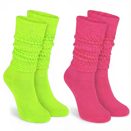 HaiFafafaing 2 Pairs 80s 90s Neon Slouch Socks for Women, Long Soft Leg Warmers 80s 90s Neon Accessories （Hot Pink＆ Green）