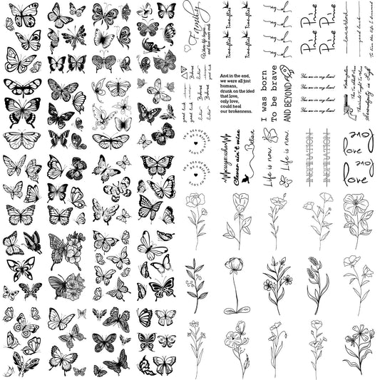 Lusofie Realistic Temporary Tattoos 90 Sheets Fake Tattoo Stickers Removable Ink Line Inspirational Quotes Words Tattoos, Leaf FLower Tattoos, Butterfly Tattoos Temporary for Women Adult