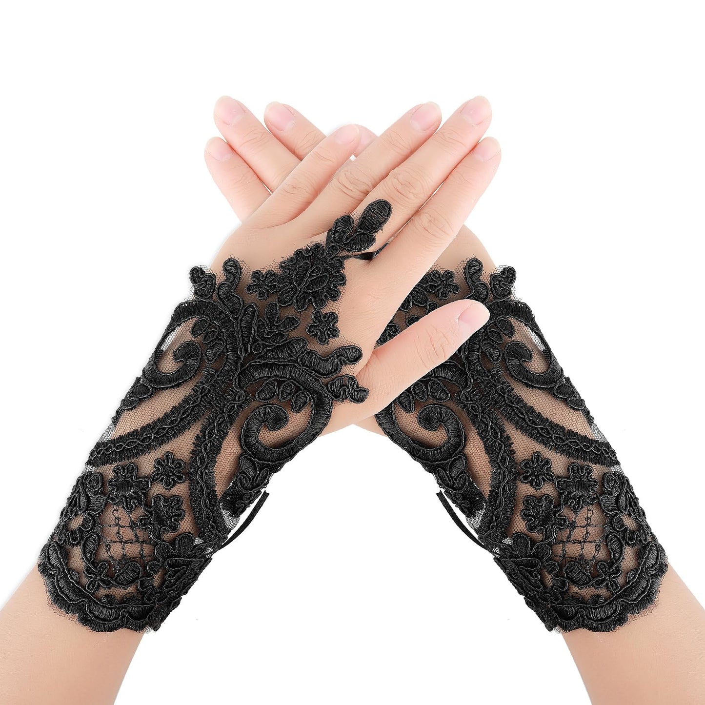 Lusofie Lace Gloves for Women Elegant Embroidered Lace Fingerless Gloves Soft Breathable Opera Gloves for Bridal Bouquet Prom Formal Dress Halloween Party(Black)