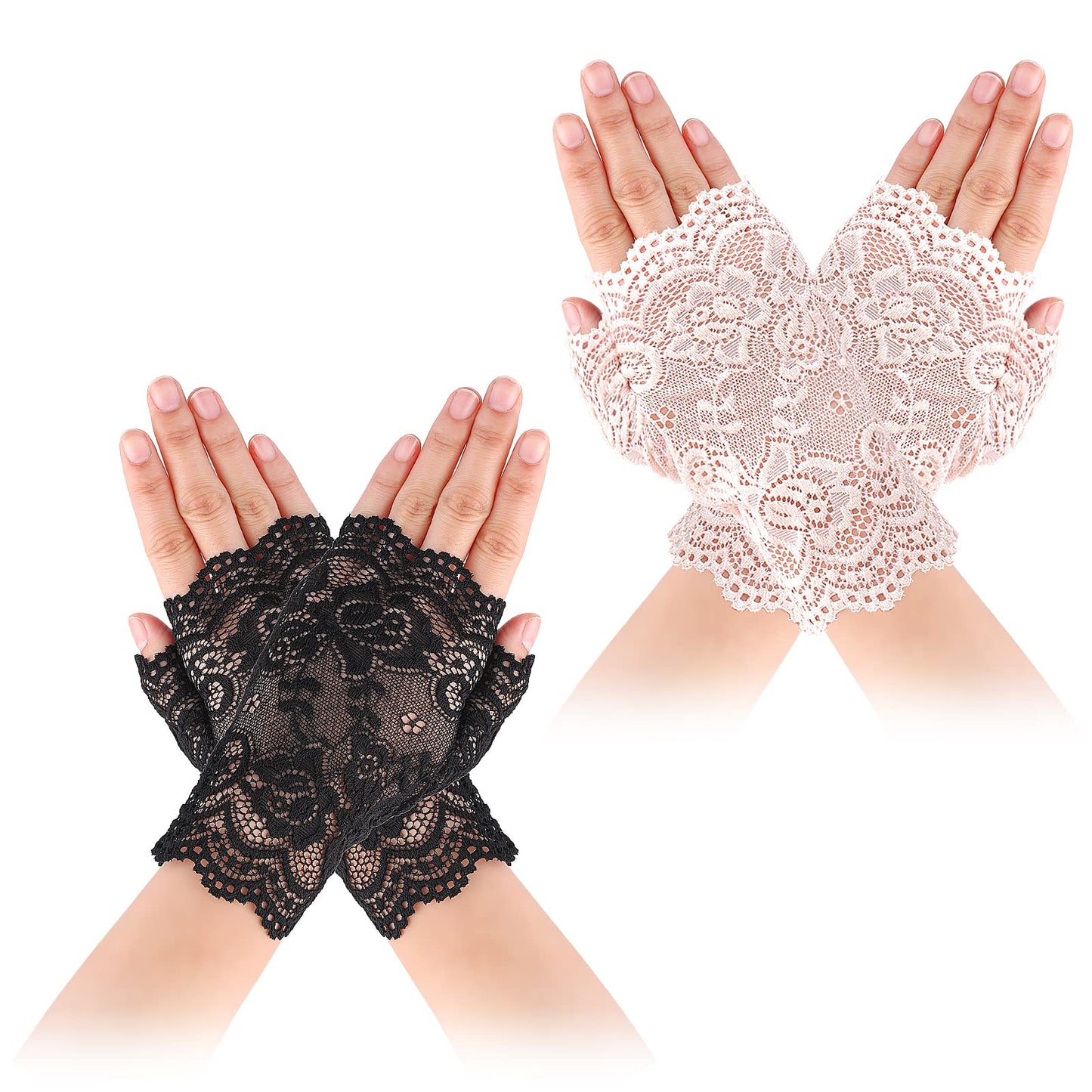 Yolev 2 Pairs Women's Short Lace Gloves Fingerless Floral Gloves Bridal Prom Gloves for Wedding Tea Party Costume Accessories (Black and Apricot)