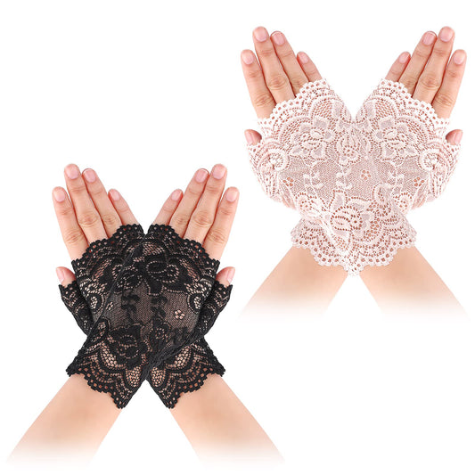 Yolev 2 Pairs Women's Short Lace Gloves Fingerless Floral Gloves Bridal Prom Gloves for Wedding Tea Party Costume Accessories (Black and Apricot)