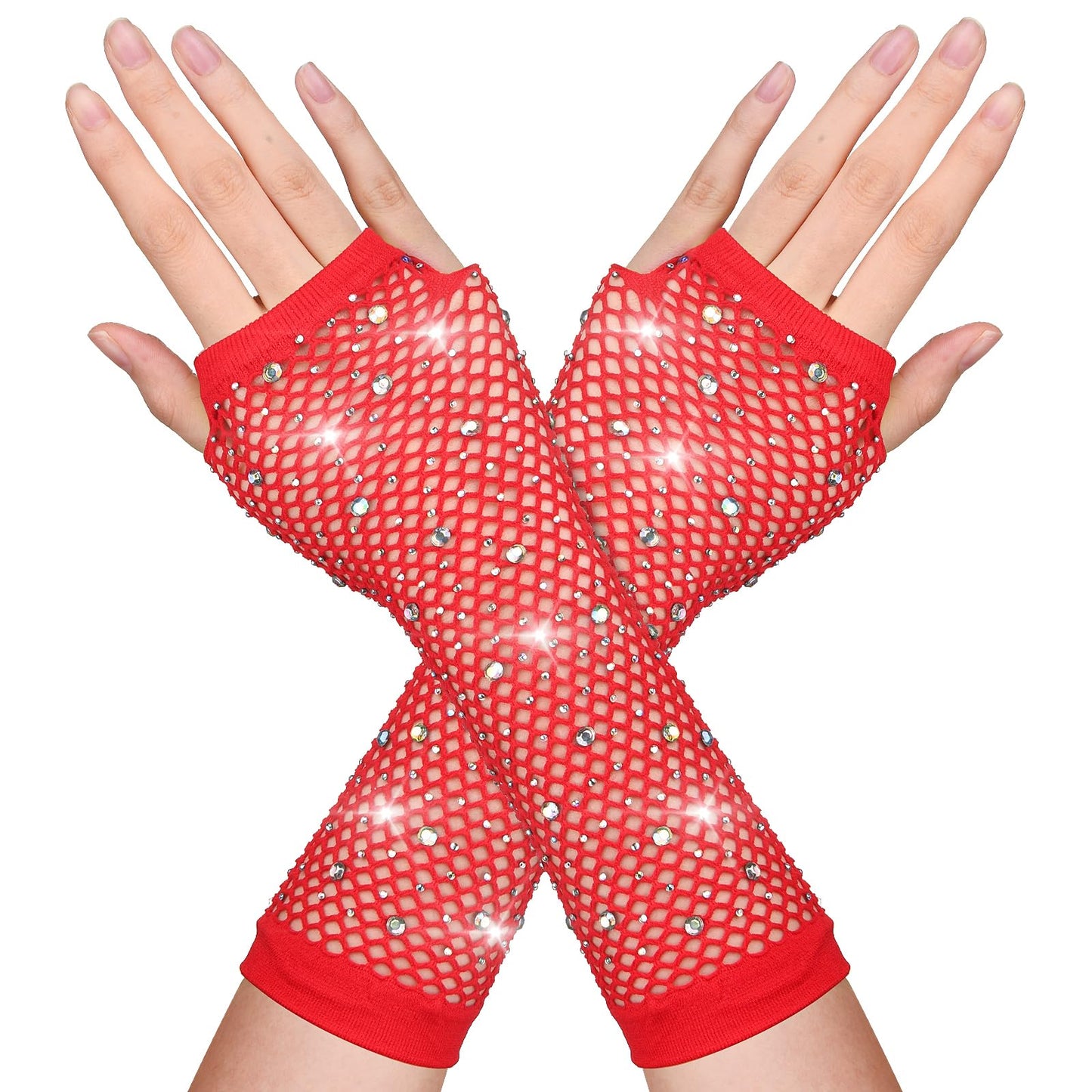 DIVINA VITAE Red Fishnet Rhinestone Gloves Long Fishnet Fingerless Gloves 80s Fish Net Gloves Fashion Fishnet Arm Sleeves Sparkly Mesh Gloves 80 s Emo Scene Accessories for Women Kids