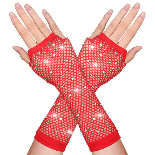 DIVINA VITAE Red Fishnet Rhinestone Gloves Long Fishnet Fingerless Gloves 80s Fish Net Gloves Fashion Fishnet Arm Sleeves Sparkly Mesh Gloves 80 s Emo Scene Accessories for Women Kids