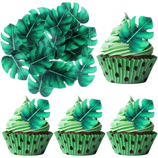 60 Pcs Edible Tropical Turtle Leaves Cupcake Toppers Wafer Paper Palm Leaves Cake Decorations Palm Leaf Cake Topper for Hawaii Theme Jungle Summer Party Cake Toppers Birthday Wedding Cake Decoration