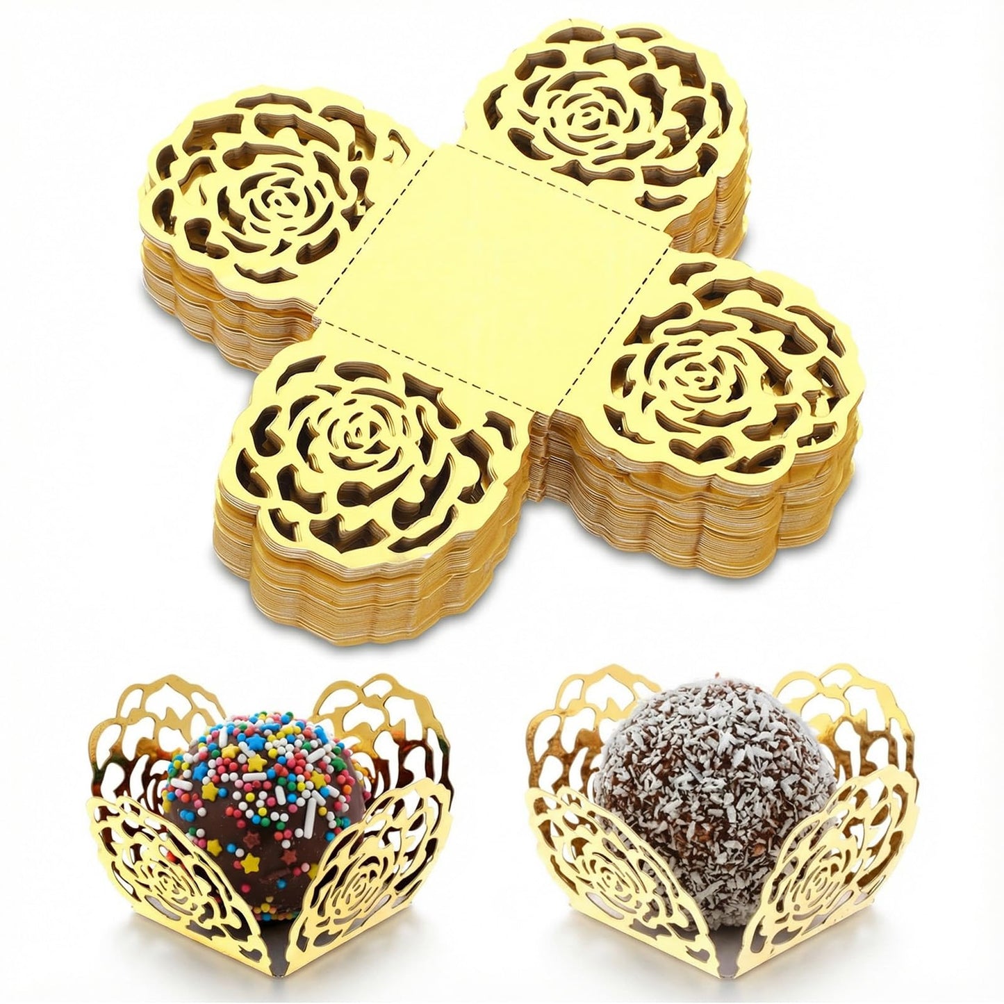 50Pcs Truffle Wrappers Gold Chocolate Truffle Cups Small Flared Candy Paper Cups Mini Square Hollow Flower Cupcake Liners Trays for Wedding Birthday Party Decoration