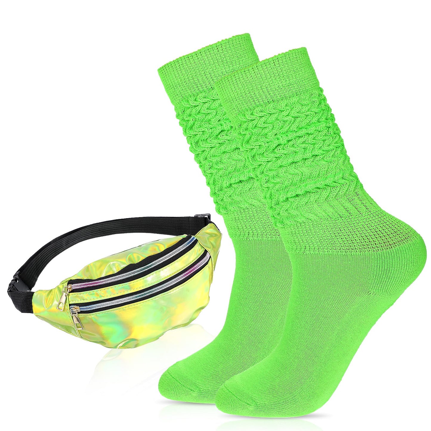80s Neon Socks Holographic Neon Fanny Pack Slouch Socks Long Scrunch Sock for Women Retro Party Pack 80s Outfit Costume Accessories(Fluorescent Green)