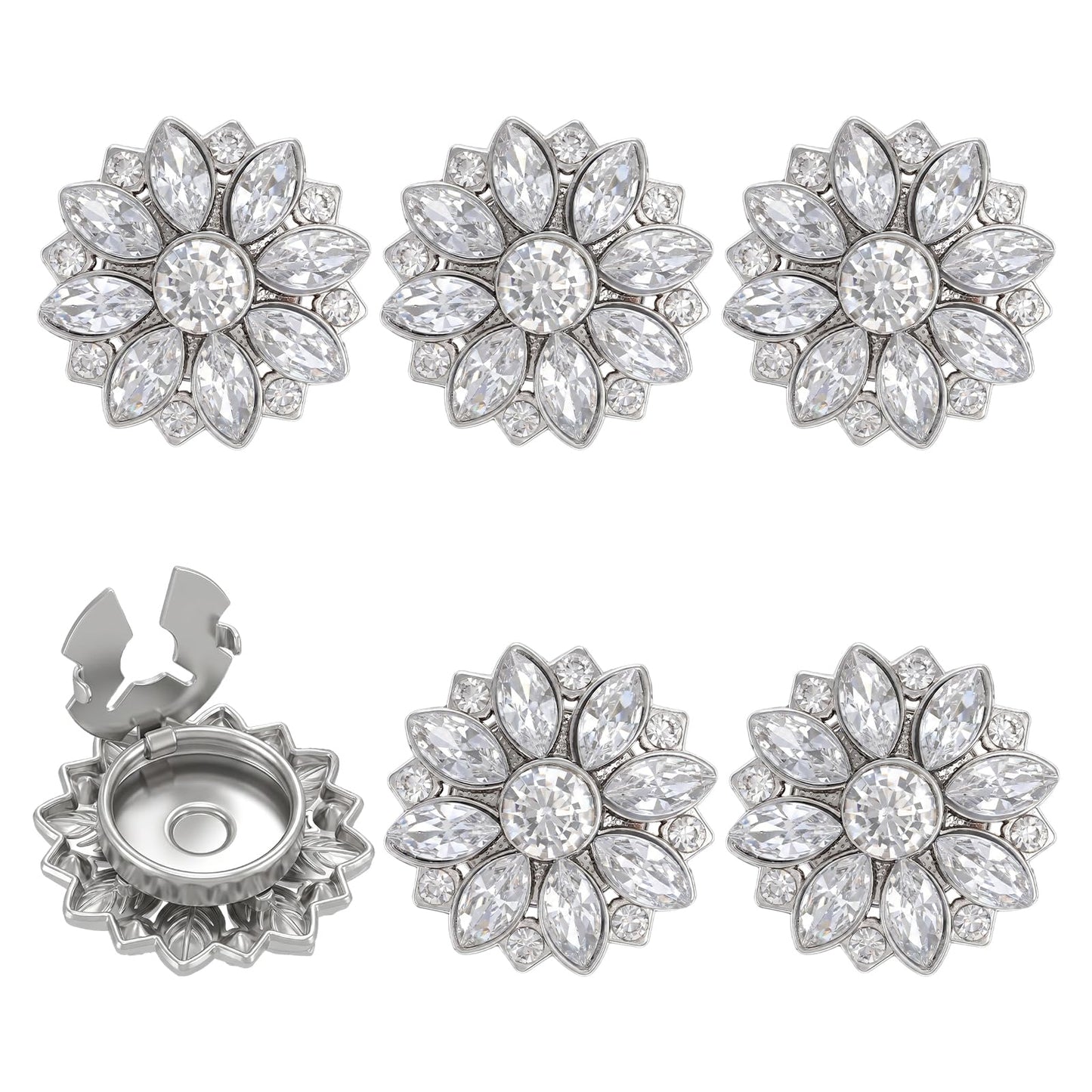 6Pcs Rhinestone Button Covers for Women Blouses- 1.12" Silver Floral Design Button Amsterdam Covers- Decorative Clips Rhinestone Buttons for Blouses Jeans Shiny Exquisite DIY Craft Cuff Accessorie