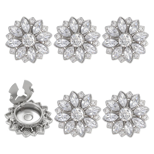 6Pcs Rhinestone Button Covers for Women Blouses- 1.12" Silver Floral Design Button Amsterdam Covers- Decorative Clips Rhinestone Buttons for Blouses Jeans Shiny Exquisite DIY Craft Cuff Accessorie