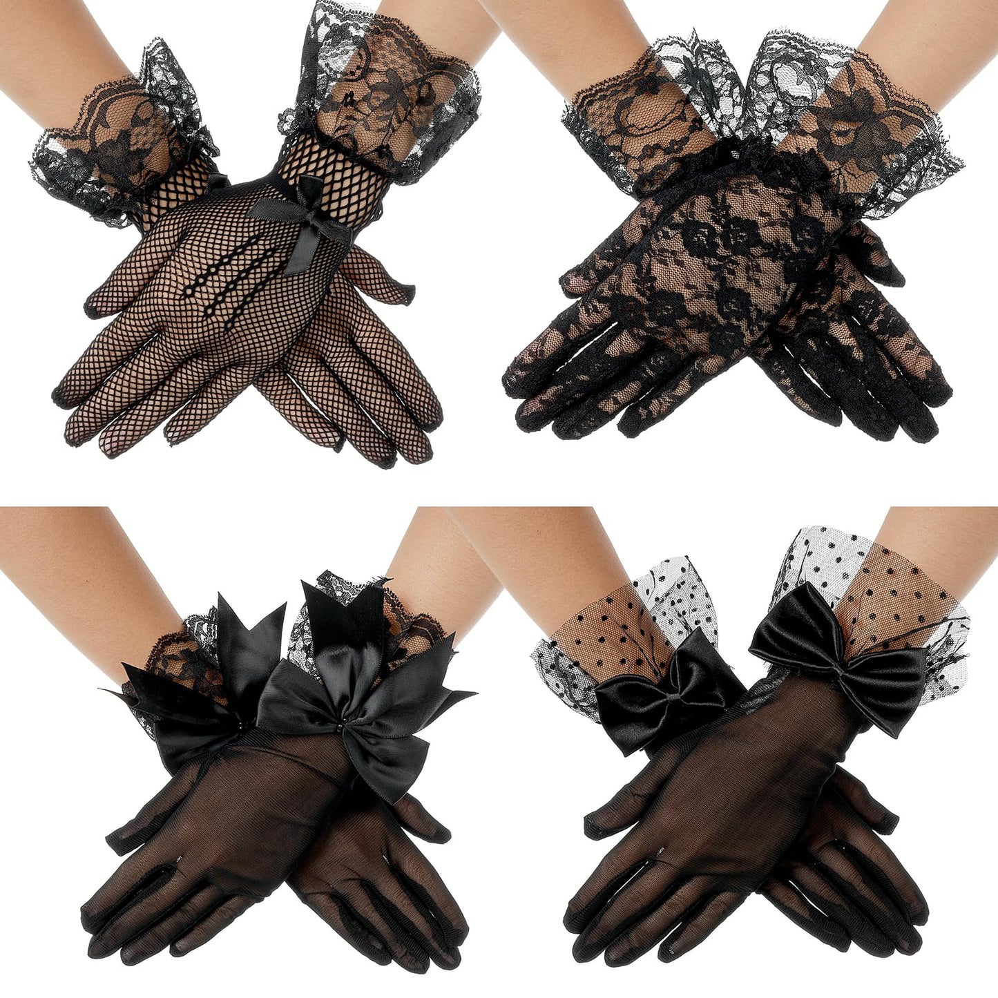 Black Lace Gloves for Women Tea Party Gloves Wrist Length Floral Gloves Bridal Gloves Short Lace Gloves for Wedding Opera Evening Party Prom Halloween Cosplay