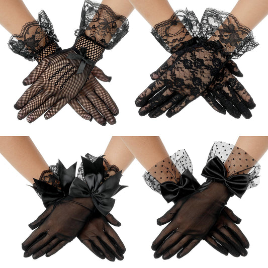 Black Lace Gloves for Women Tea Party Gloves Wrist Length Floral Gloves Bridal Gloves Short Lace Gloves for Wedding Opera Evening Party Prom Halloween Cosplay