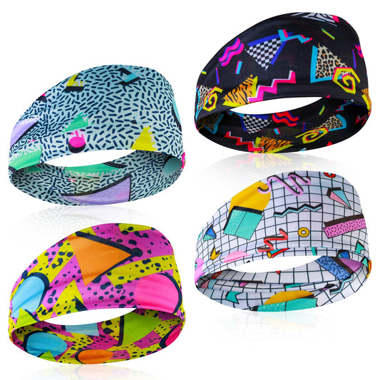 HaiFafafaing 4 Pcs Retro Headbands For Women And Men, Neon Sweatbands, 80s 90s Vintage Fashion Elastic Hairbands For Running, Cycling, Hiking, Hip Hop Party