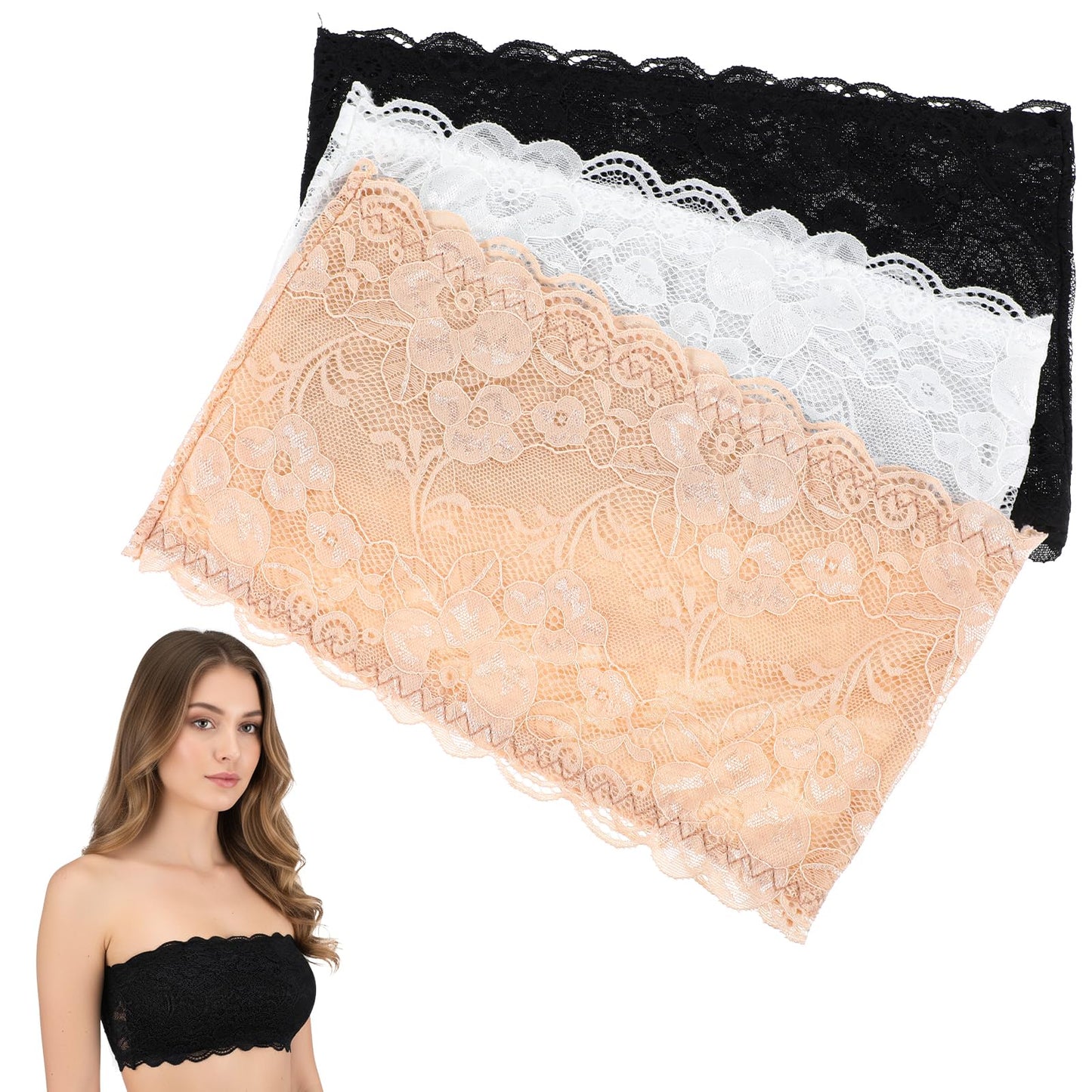 HekouJiub 3 Pcs Lace Tube Top 11.8" X 7.1" Lace Bandeau Floral Laces Cleavage Cover Up for Low Neckline for Low-Cut Dresses, Front Stretch Bralette, Low Neckline Cleavage Cover (Black, White, Nude)