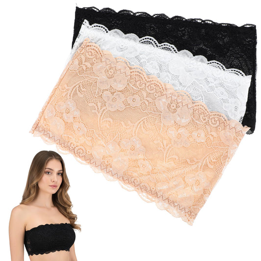 HekouJiub 3 Pcs Lace Tube Top 11.8" X 7.1" Lace Bandeau Floral Laces Cleavage Cover Up for Low Neckline for Low-Cut Dresses, Front Stretch Bralette, Low Neckline Cleavage Cover (Black, White, Nude)