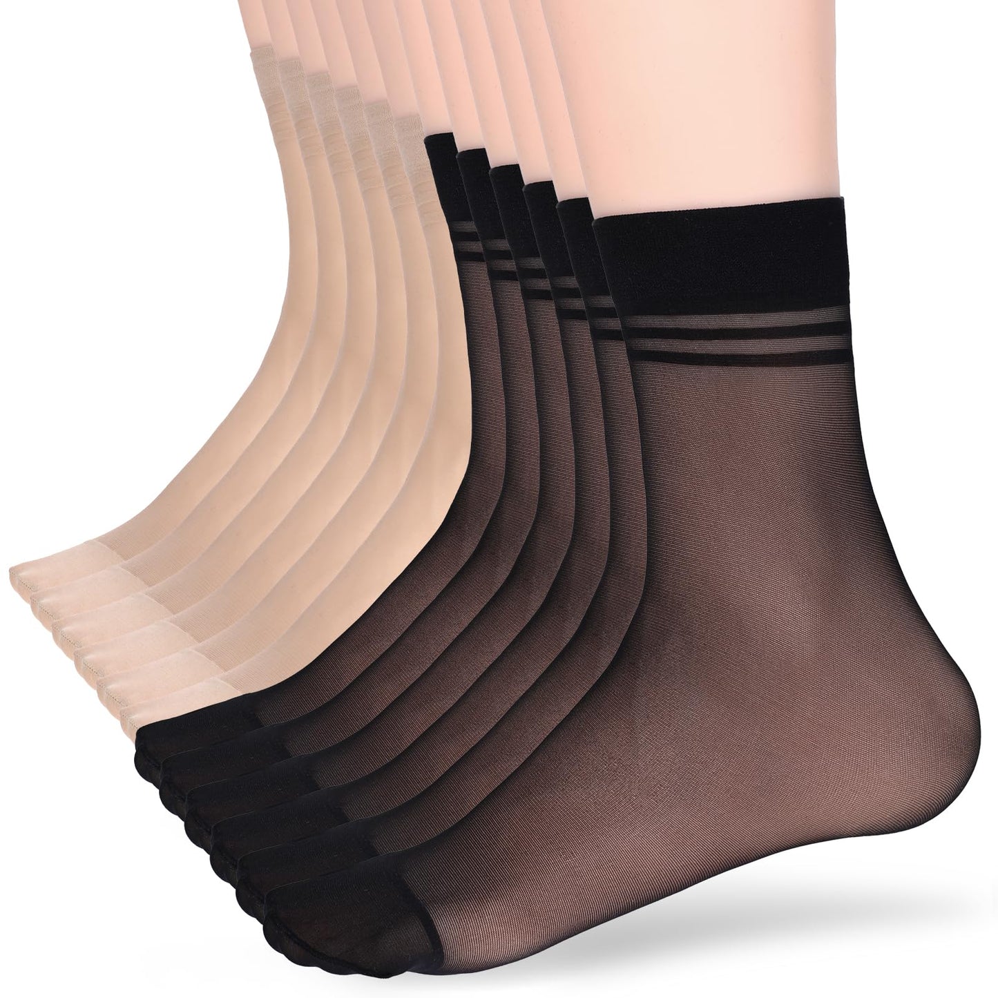 Telooco 12 Pairs Ankle Stockings for Women Sheer Thin Nylon Socks Breathable Silk Socks with Reinforced Toe(Black & Nude)