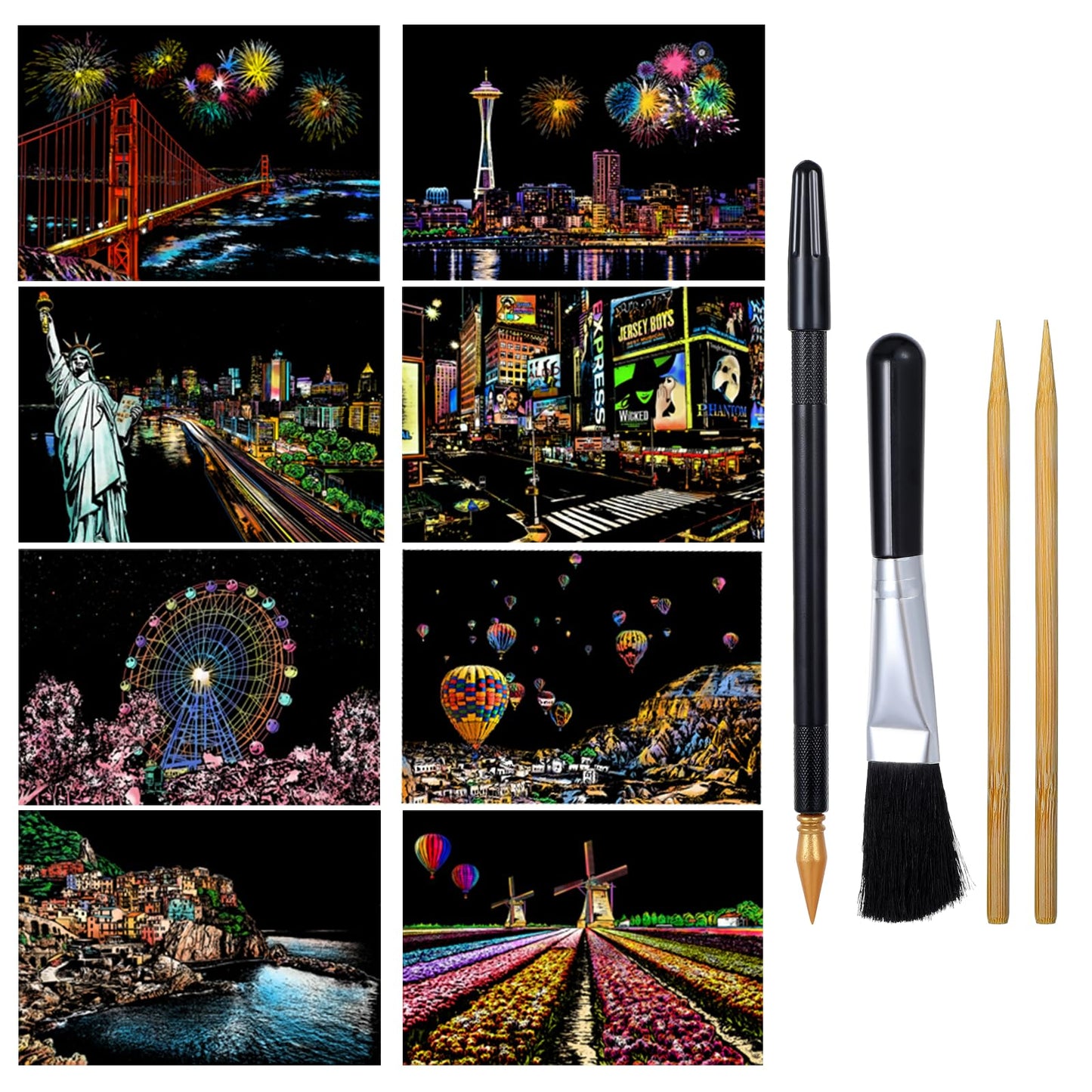 8 Sheets Scratch Art Adult Rainbow Paper Scratch Painting for Adults Sketch Pads Card Landscape Scratchboard (A4) Paint by Scratchs Adult with 4 Tools Creative DIY Art Craft