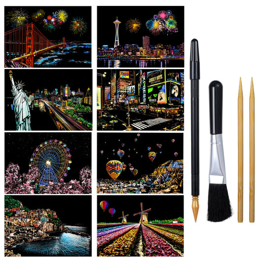 8 Sheets Scratch Art Adult Rainbow Paper Scratch Painting for Adults Sketch Pads Card Landscape Scratchboard (A4) Paint by Scratchs Adult with 4 Tools Creative DIY Art Craft