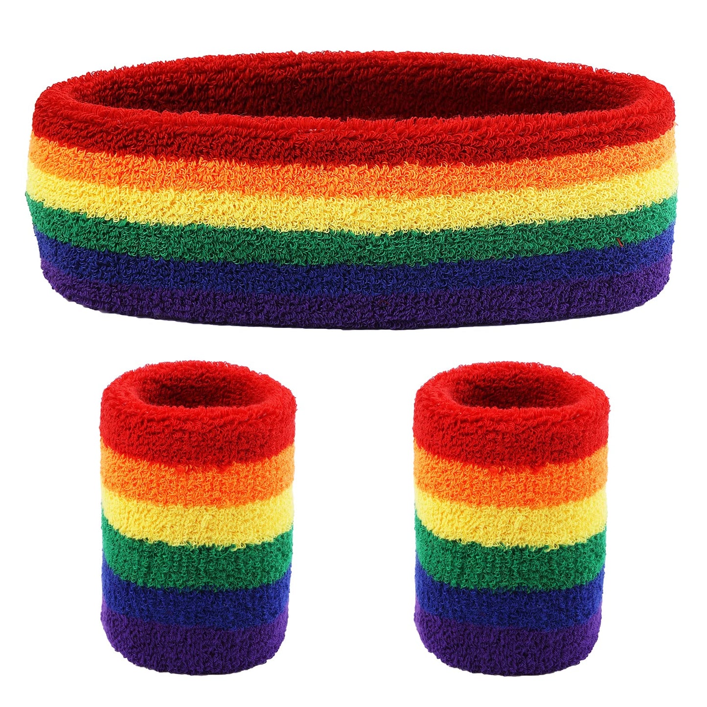 Yolev Striped Rainbow Sweatband Set Sports Headband Wristband (1 Headband and 2 Wristbands) Set Sweatbands for Athletic Men and Women(Style A)