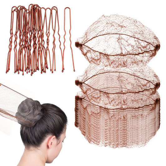 Lusofie 40Pcs Hair Nets for Buns Invisible Bun Hair Net with 50Pcs Bobby Pins Positioning U Shaped Hair Pins for Women Girls Ballet Bun Maker(Brown, 50CM, 6CM)