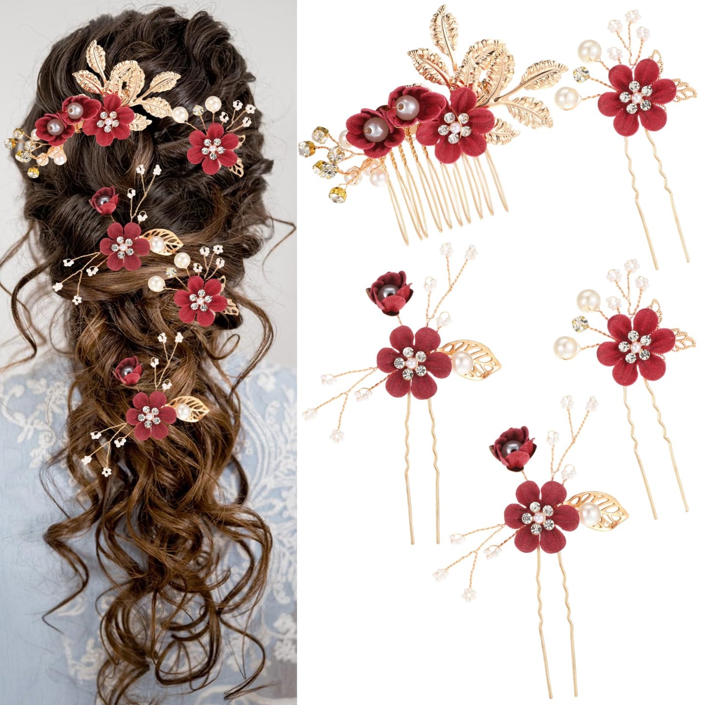 5 Pcs Bridal Flower Wedding Hair Pins Crystal Pearl Rhinestone Burgundy Flower Hair Clips Headpiece Wedding Hair Accessories Jewelry for Brides Bridesmaids Women Girls