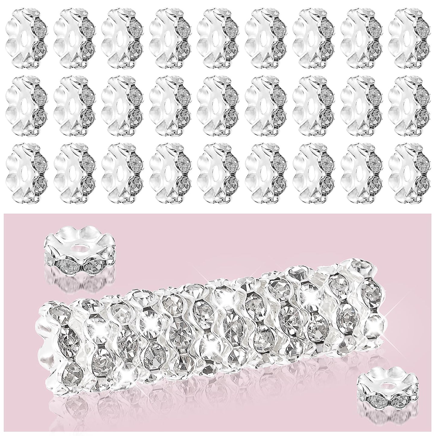100pcs 12mm Rhinestone Beads for Jewelry Making for Pens Rondelle Spaced Beads Silver White Beadable Pens Beads Rondelle Beads