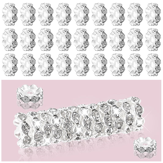 100pcs 12mm Rhinestone Beads for Jewelry Making for Pens Rondelle Spaced Beads Silver White Beadable Pens Beads Rondelle Beads