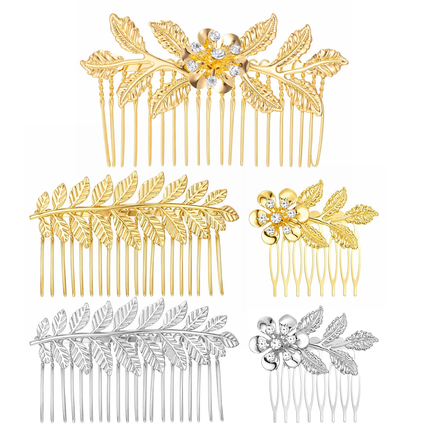 5Pcs Leaf Hair Side Combs Gold Silver Rhinestone Hair Comb Clips with Teeth