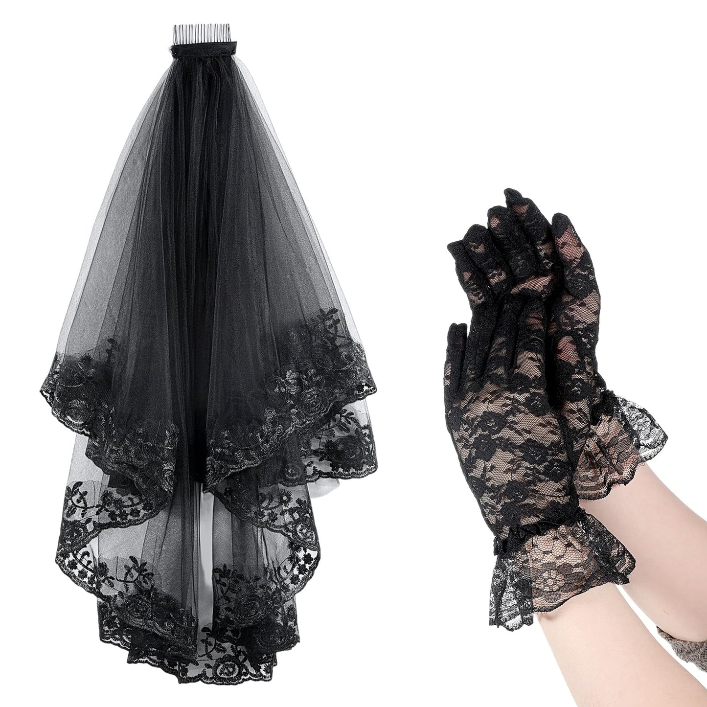 Black Lace Veil Bridal Embroidered Floral, Halloween Veil with Comb Gloves