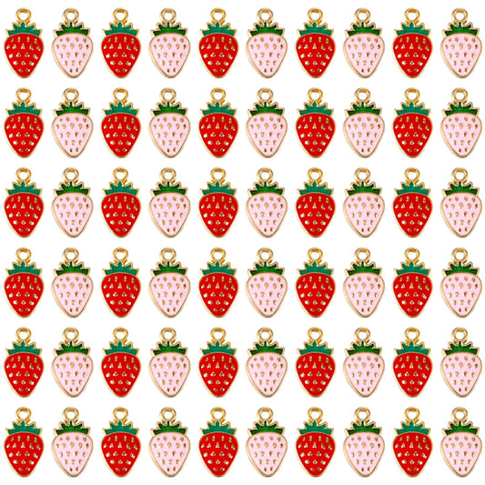 Telooco 60Pcs Strawberry Beads Enamel Strawberry Charms Bulk Strawberries Flatback Fruit Charms for Jewelry Making Earrings Keychain Supplies Craft(Pink, Red)