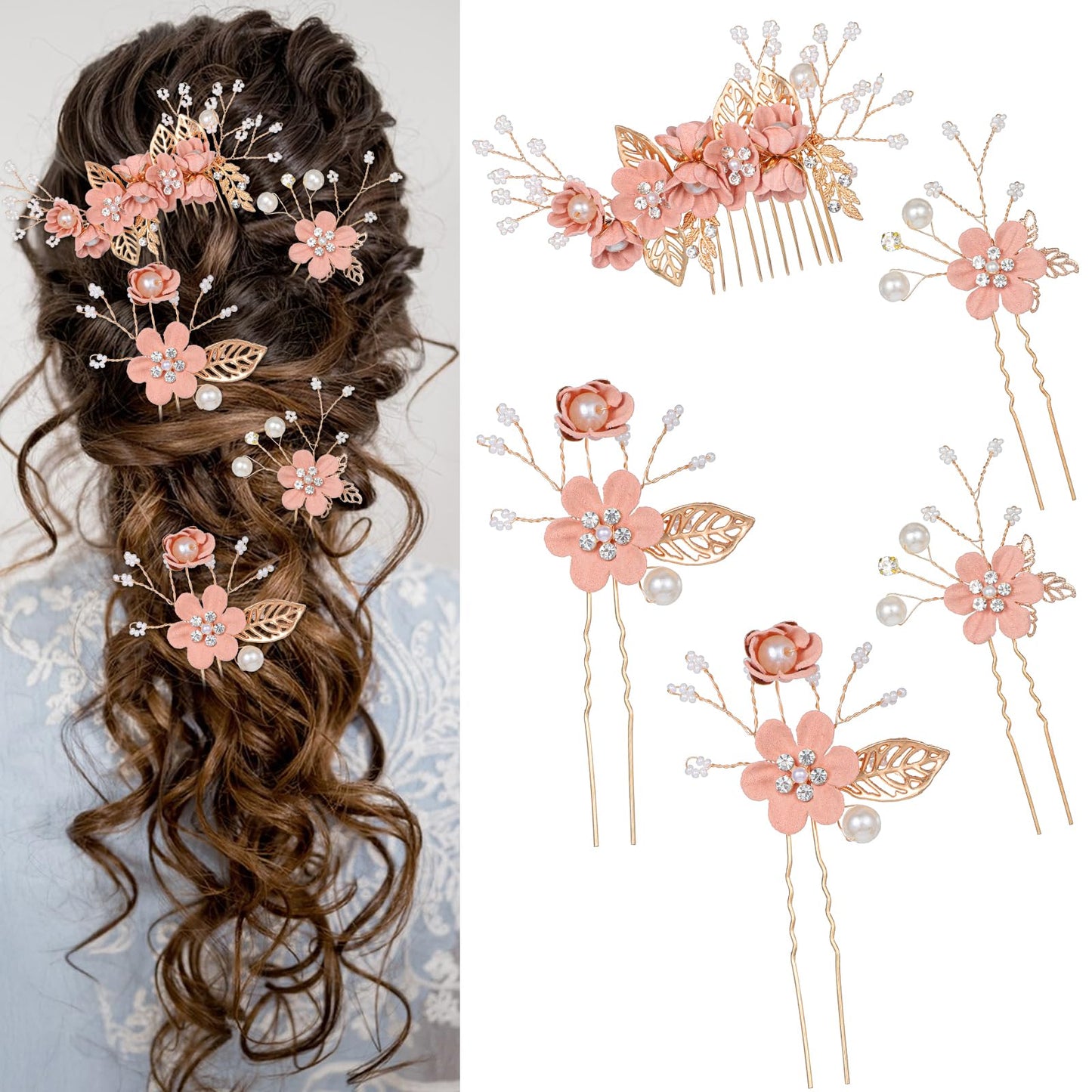 5Pcs Bridal Flower Wedding Hair Pins Pink Pearl Rhinestone Flower Headpiece