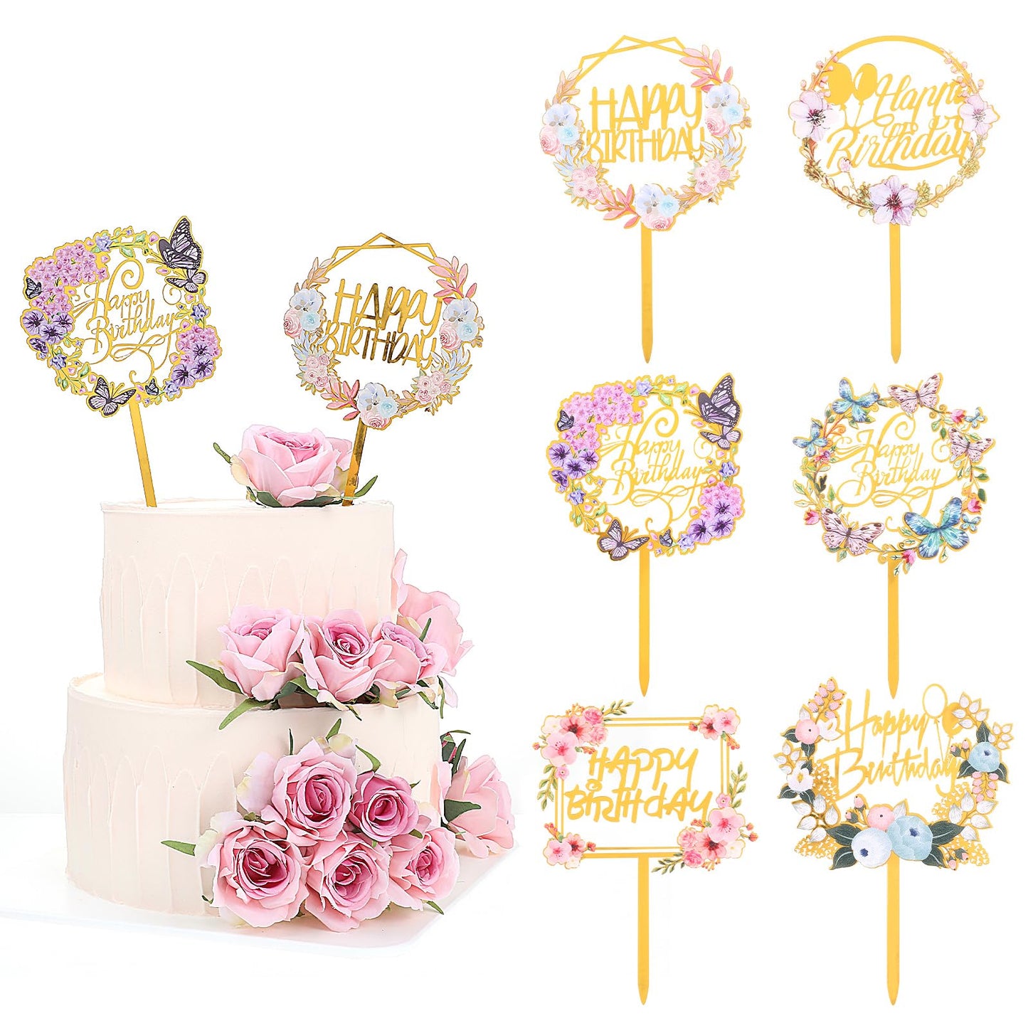 Lusofie 6 Pcs Happy Birthday Cake Toppers Gold Butterfly Cake Topper Acrylic Cake Toppers Happy Birthday Sign For Birthdays Weddings Anniversaries Party Decorations