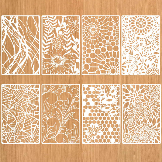 8 PCS Texture Stencils for Crafts Reusable Texture Spider Stencils Net 11×8.6''Mixed Layering Stencil Plastic Painting Stencils for Scrapbooking Craft Drawing