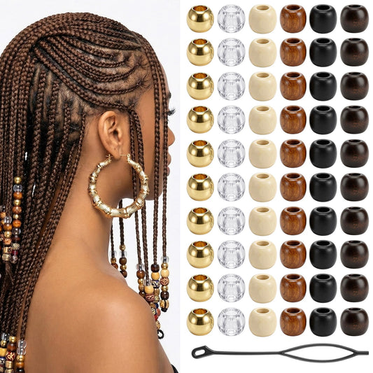 60Pcs Wooden Hair Beads for Braids Natural Wood African Hair Heads