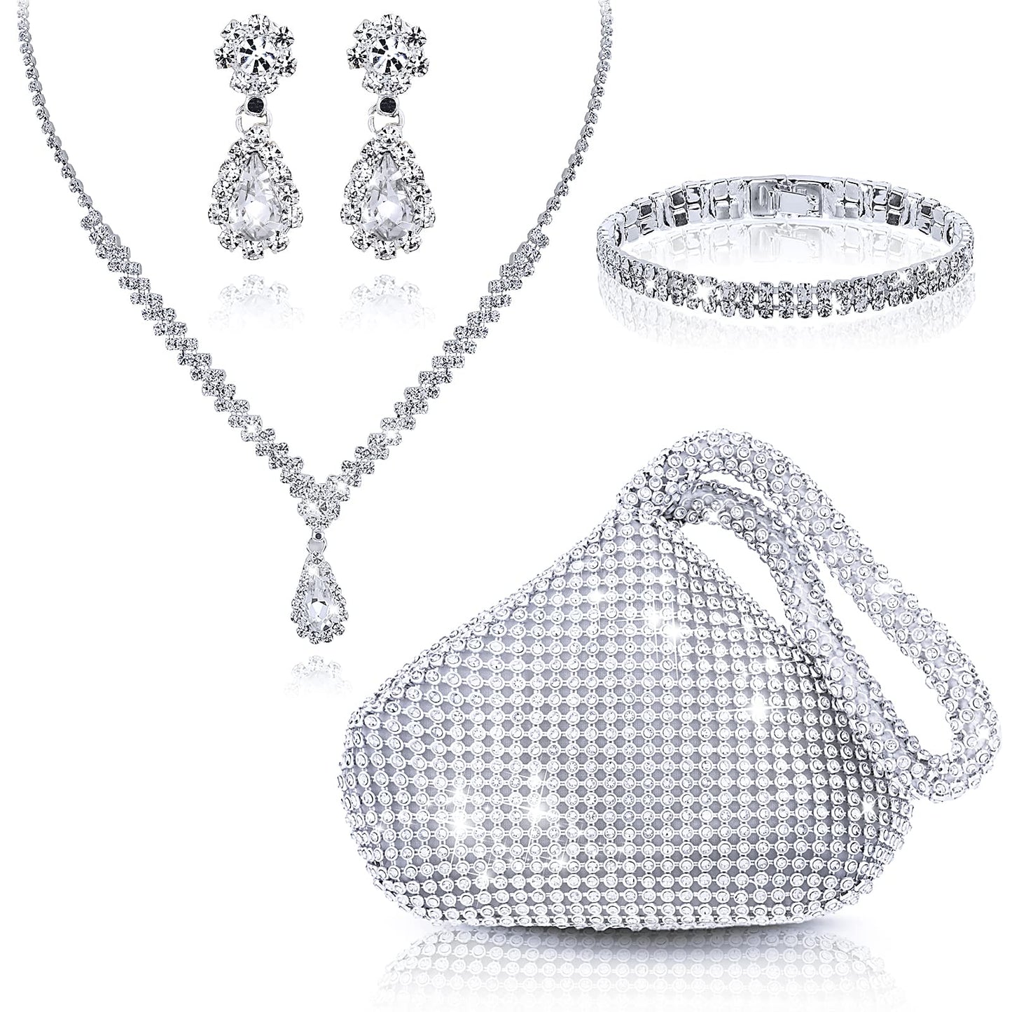 Bridal Wedding Jewelry Set Silver Clutch Purse Bag Rhinestone Evening Bag Necklace Earrings Bracelet Brides Bridesmaid Prom Costume Jewelry Set for Women and Girls