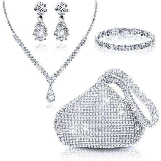 Bridal Wedding Jewelry Set Silver Clutch Purse Bag Rhinestone Evening Bag Necklace Earrings Bracelet Brides Bridesmaid Prom Costume Jewelry Set for Women and Girls
