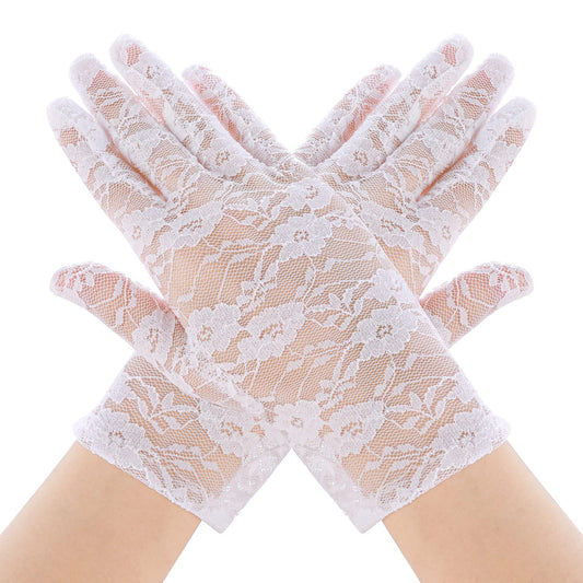 Yolev Women's Lace Gloves Sun Protection White Lace Gloves Short Floral Mesh Gloves Wedding Dinner Tea Party Halloween Party