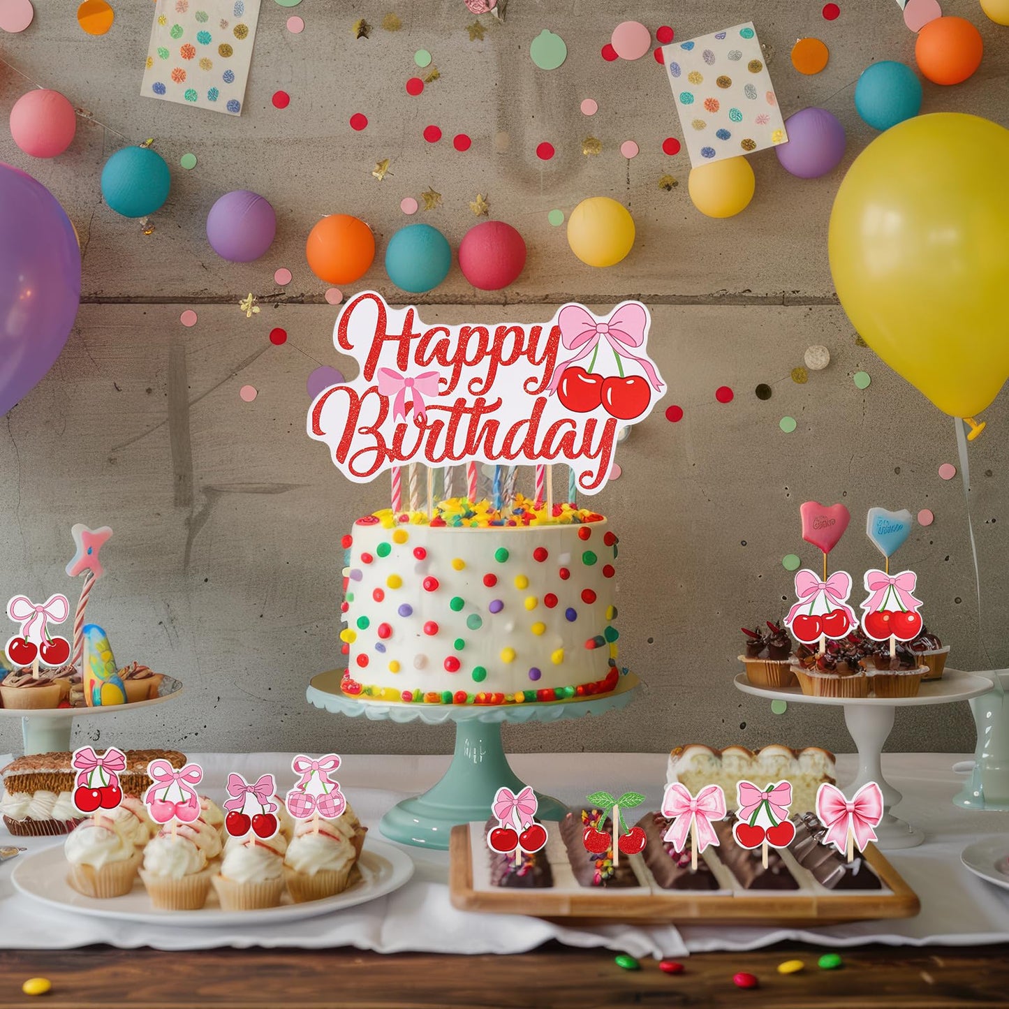 Happy Birthday Cherry Cake Topper Cherry Birthday Decorations Cherry Cupcake Toppers Cherry Party Decorations Fruit Cupcake Toppers for Baby Shower Kids Birthday Party