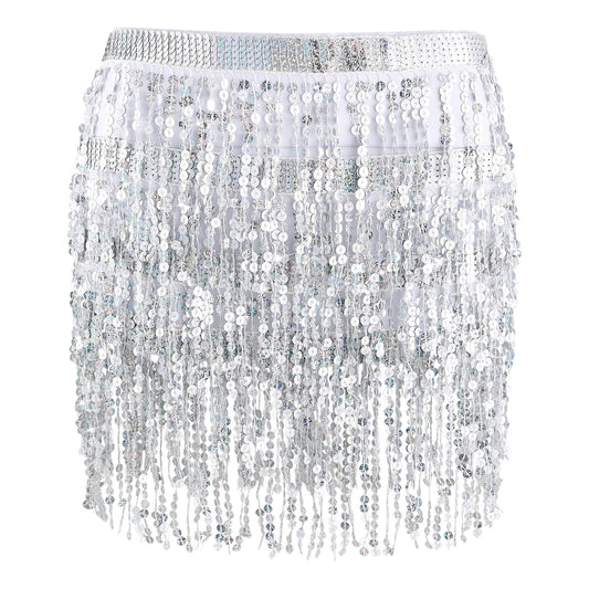 Yolev Sequin Tassel Skirt Belly Dance Performance Skirt Sequin Fringe Rave Skirt Party Sparkle Skirt for Women and Girls Silver