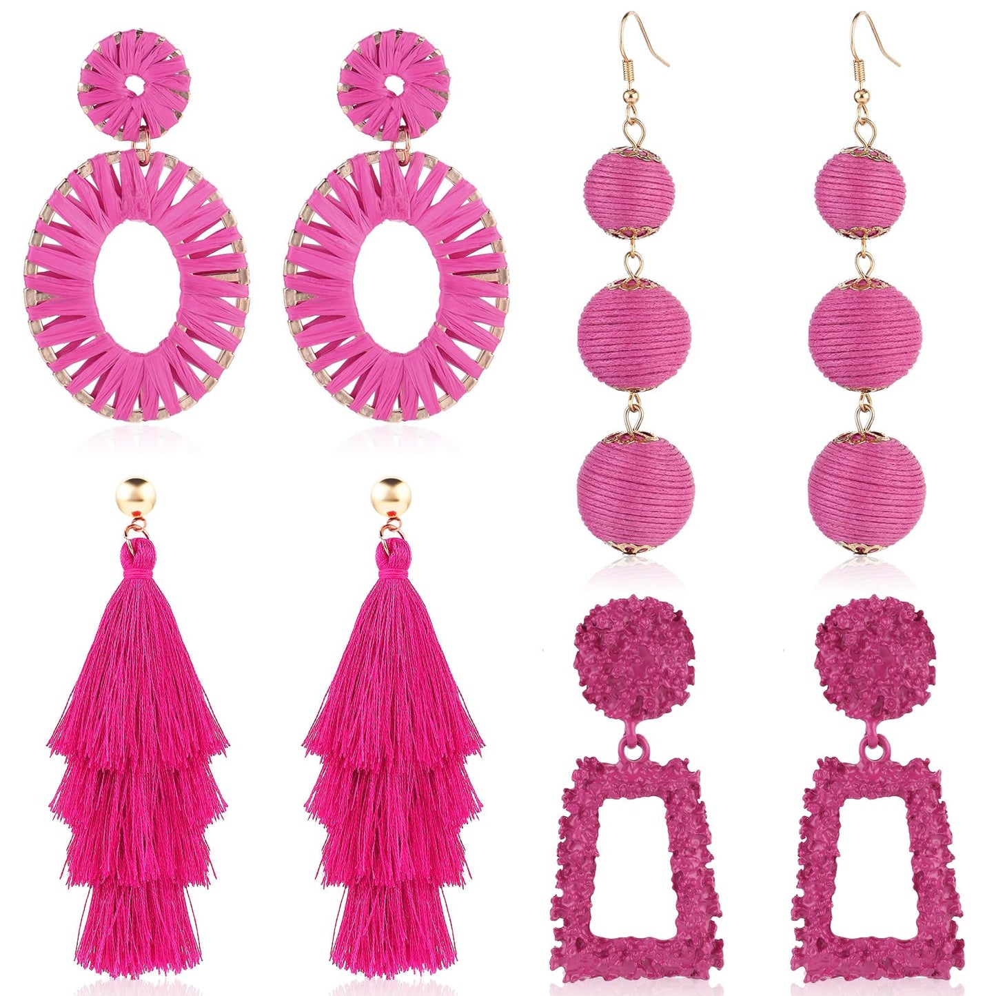 Statement Earrings Drop Raffia Earrings Dangle Geometric Earrings Boho Long Tassel Earrings Hot Pink Earrings Tiered Tassel Thread Earrings Fringe Dangle Drop Earrings for Women Teen Girls