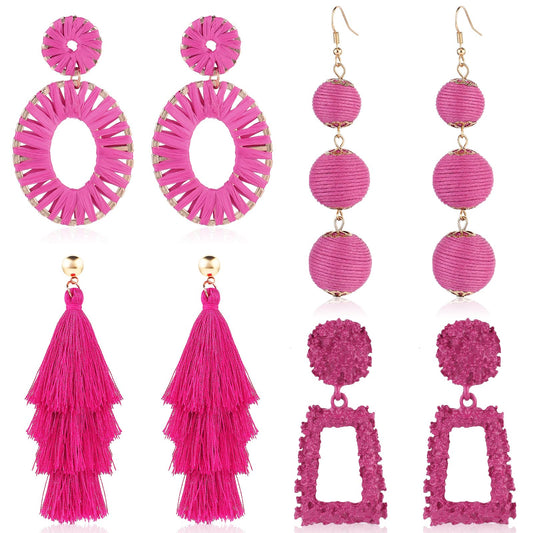 Statement Earrings Drop Raffia Earrings Dangle Geometric Earrings Boho Long Tassel Earrings Hot Pink Earrings Tiered Tassel Thread Earrings Fringe Dangle Drop Earrings for Women Teen Girls