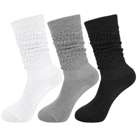 Yolev 3 Pairs Women's Slouch Socks Warm Cotton Scrunchie Socks Heavy Knitted Boot Sock Extra Long Stacked Socks Size 9 to 11 (Black/White/Gray)