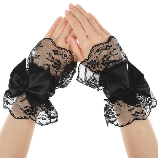 Telooco Black Lace Gloves for Women Bow Fingerless Lace Gloves for Women, Suitable for Brides, Tea Parties, Dinner Parties and Funerals