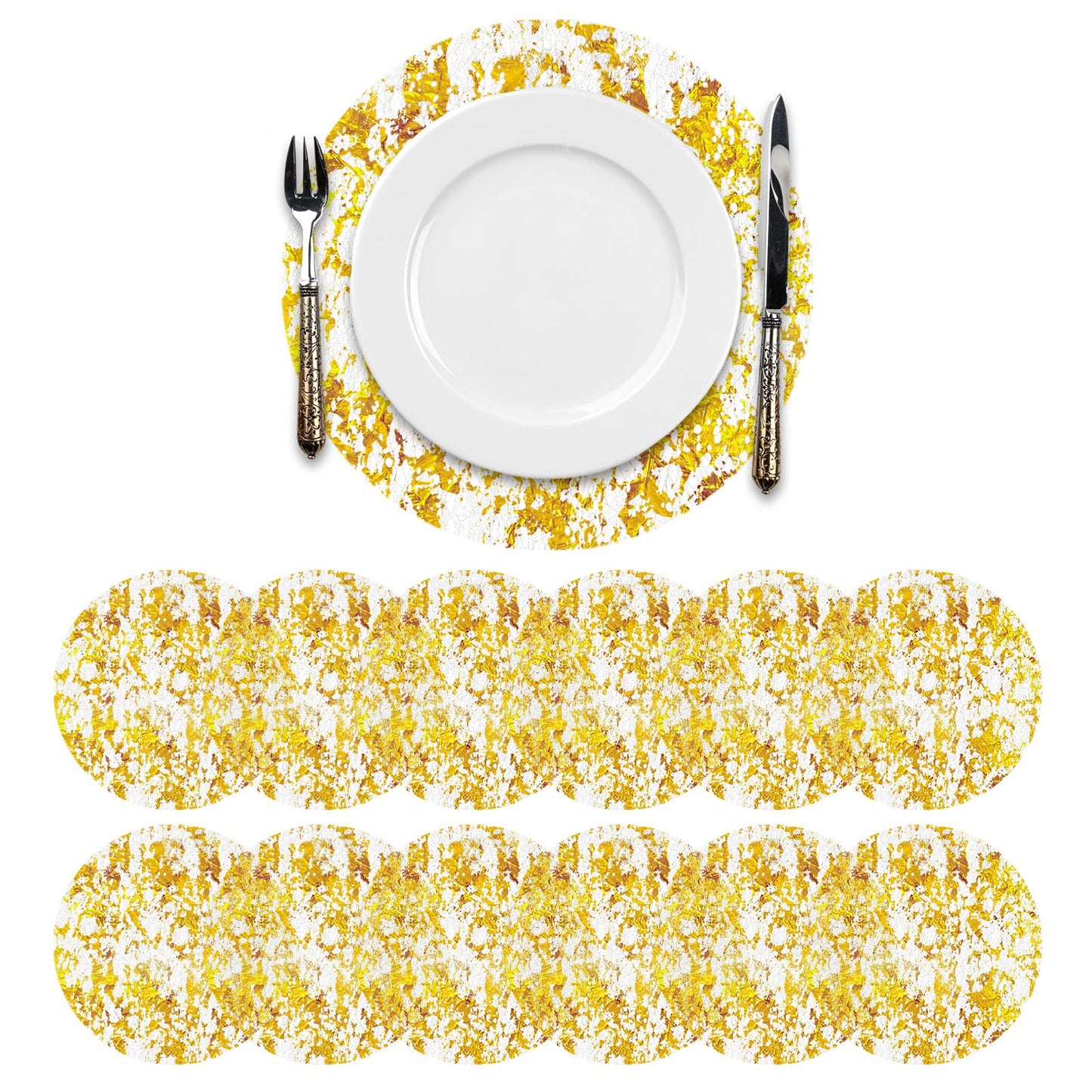 Disposable Gold Placemats 12Pcs Round Gold Foil Mesh Pressed Table Mates Gold Doilies for Dining Table Wedding Birthday Party Holiday Home Decoration