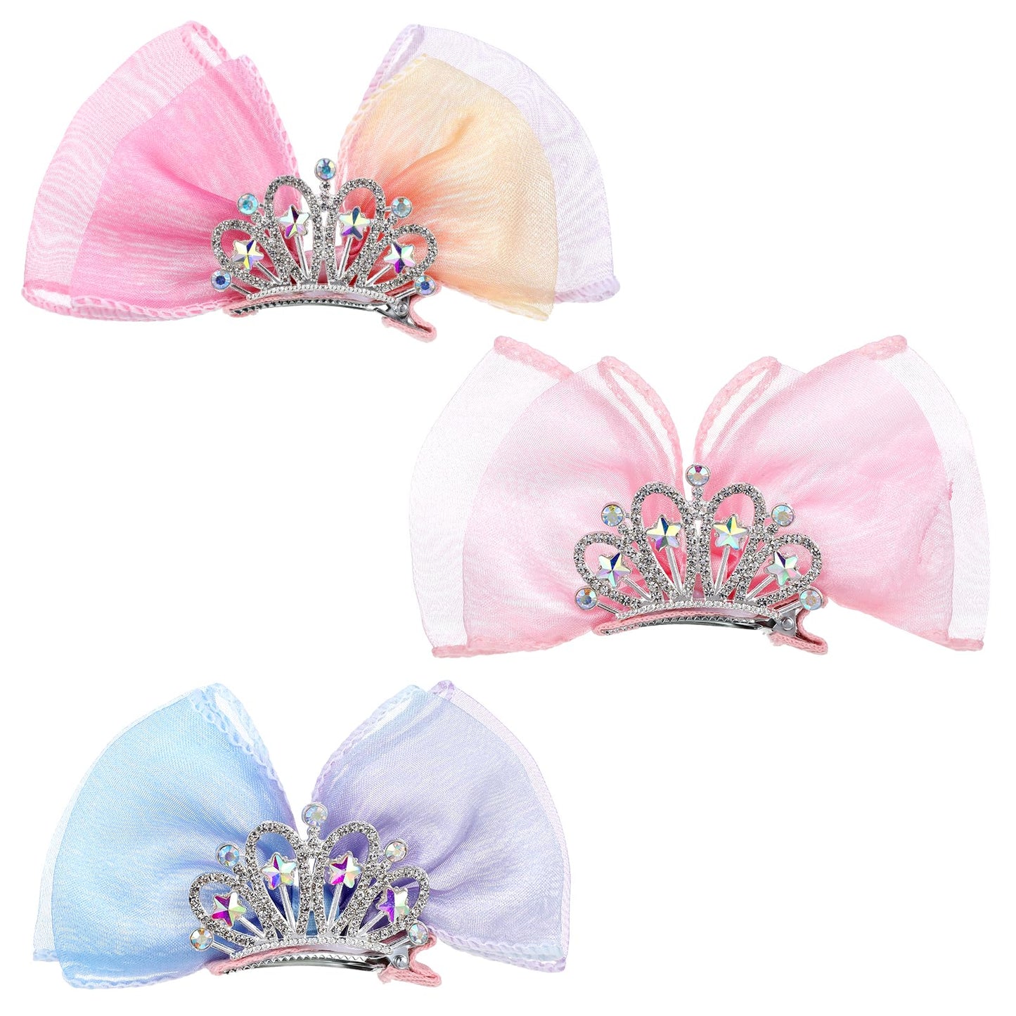 Pack of 3 Crown Hair Clips Bow Hair Pin Princess Bow Hair Clips with Rhinestone Cute Hair Clips Girls Hair Clips with Bow Shiny Hair Accessory for Birthday