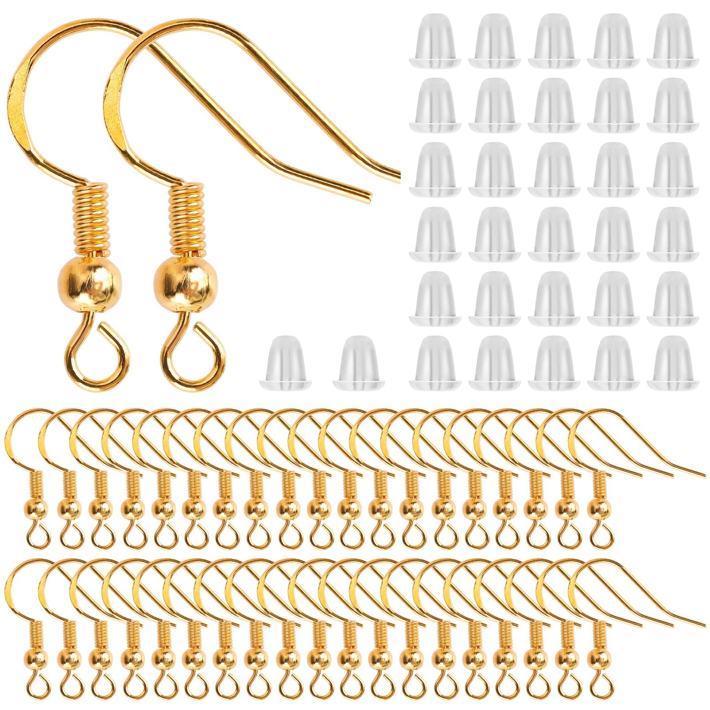 Yolev 200PCS Gold Earring Hooks Set, Hypo-allergenic Earring Hook DIY Jewelry Making Earring Making Supplies with Clear Silicone Earring Backs Stoppers(Gold)